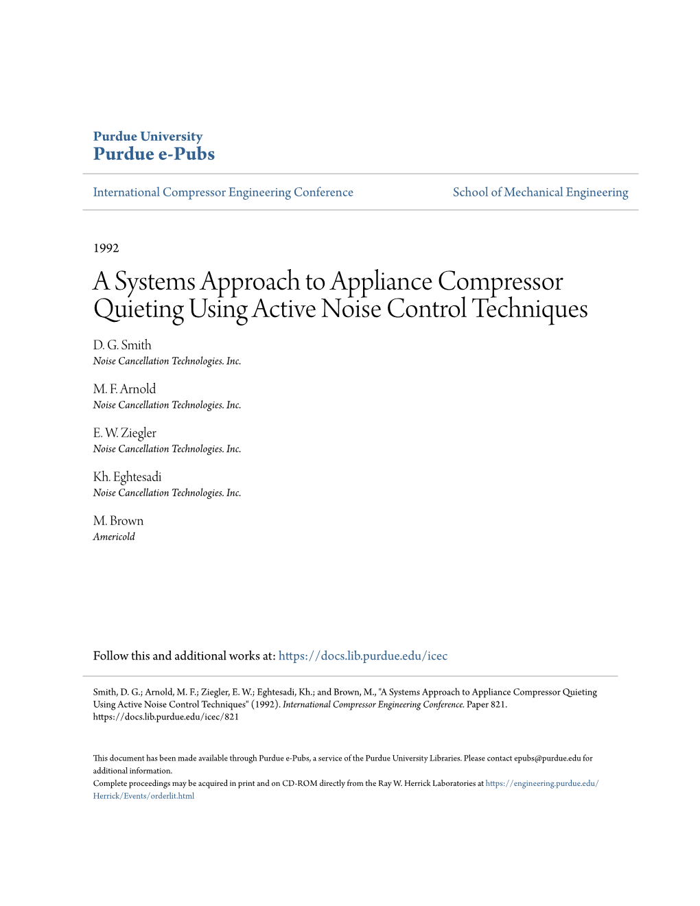 A Systems Approach to Appliance Compressor Quieting Using Active Noise Control Techniques D