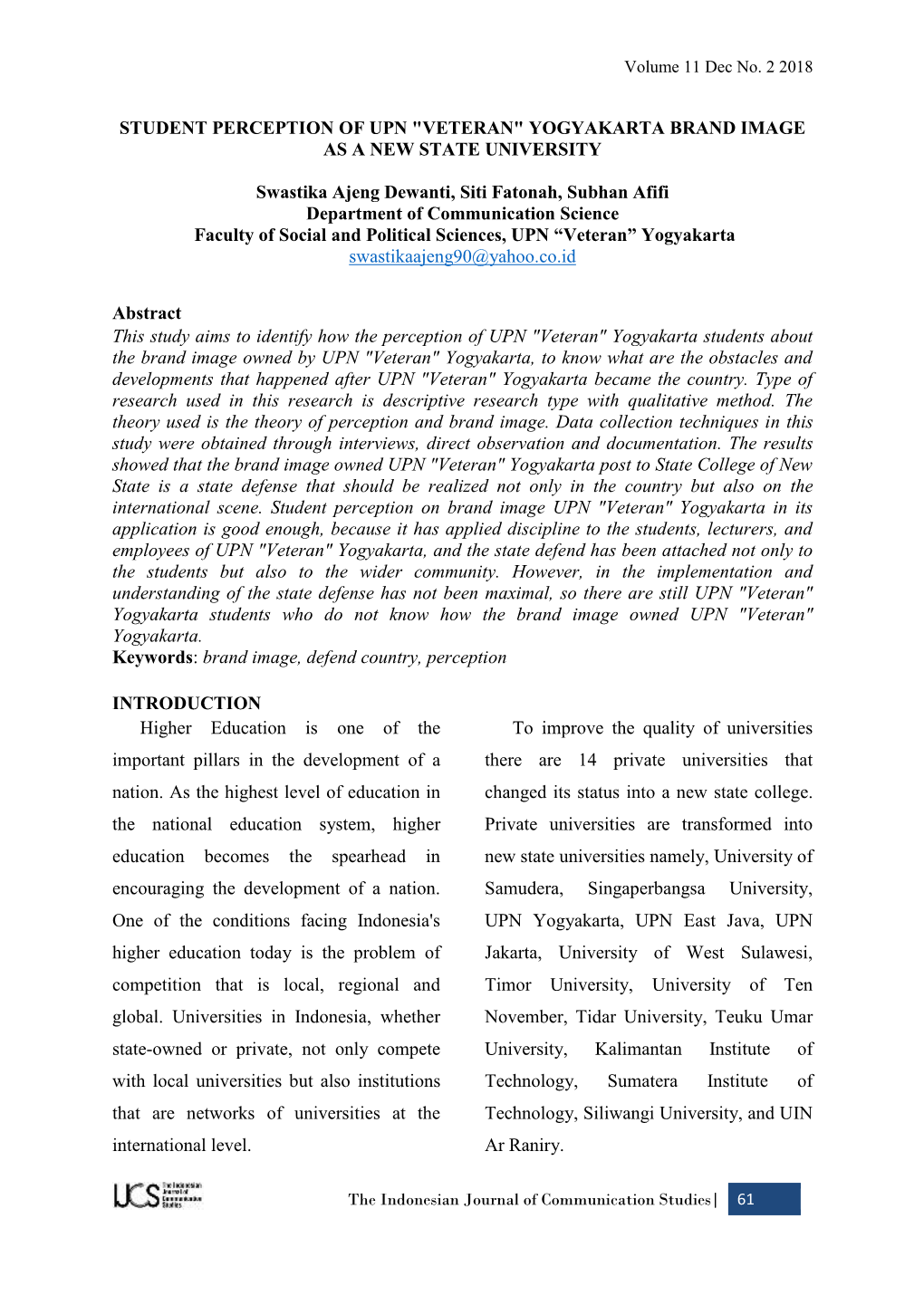 Student Perception of Upn "Veteran" Yogyakarta Brand Image As a New State University