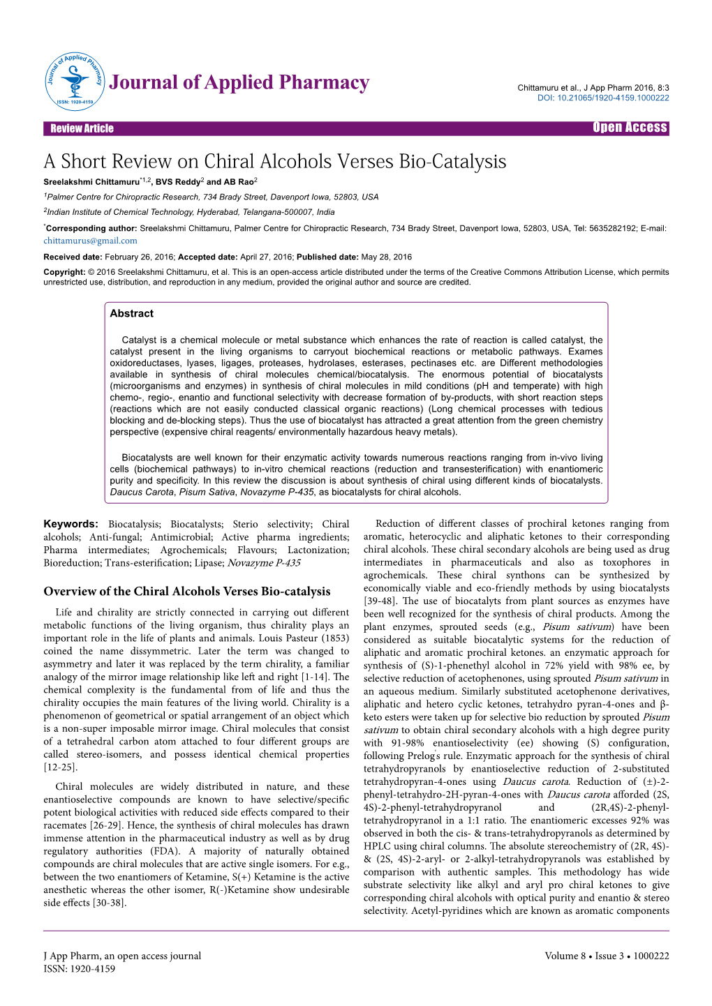 A Short Review on Chiral Alcohols Verses Bio-Catalysis