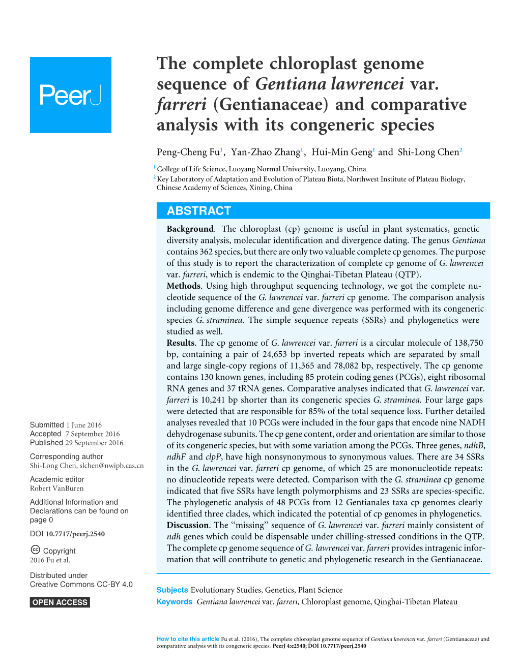 The Complete Chloroplast Genome Sequence of Gentiana Lawrencei Var