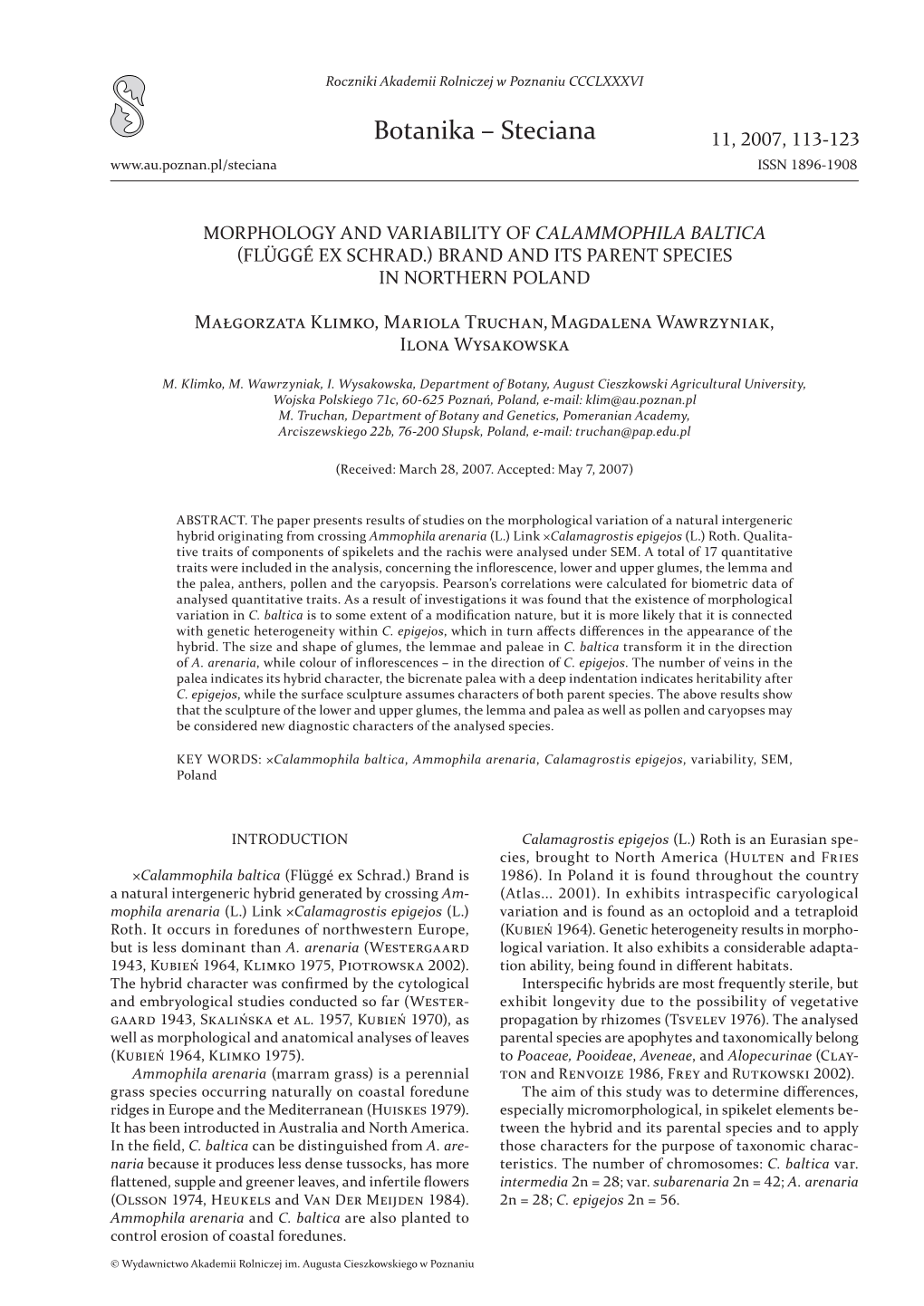 Botanika – Steciana 11, 2007, 113-123 ISSN 1896-1908