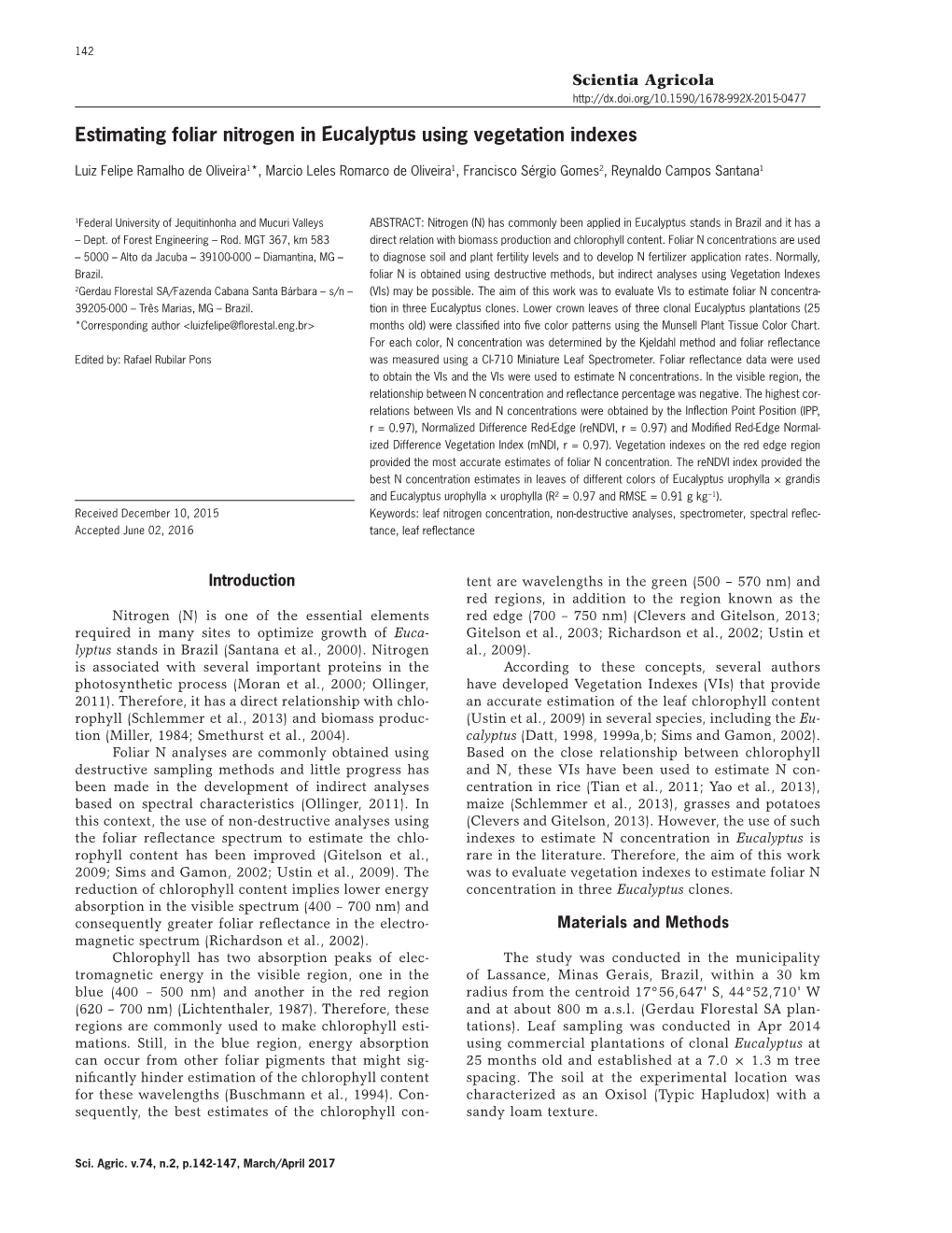 Estimating Foliar Nitrogen in Eucalyptus Using Vegetation Indexes