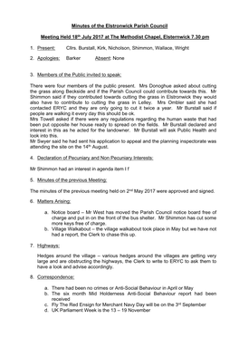 Minutes of the Elstronwick Parish Council Meeting Held 18Th July