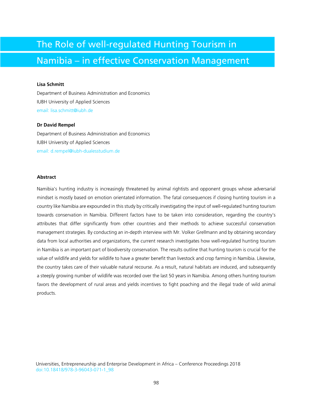 The Role of Well-Regulated Hunting Tourism in Namibia – in Effective