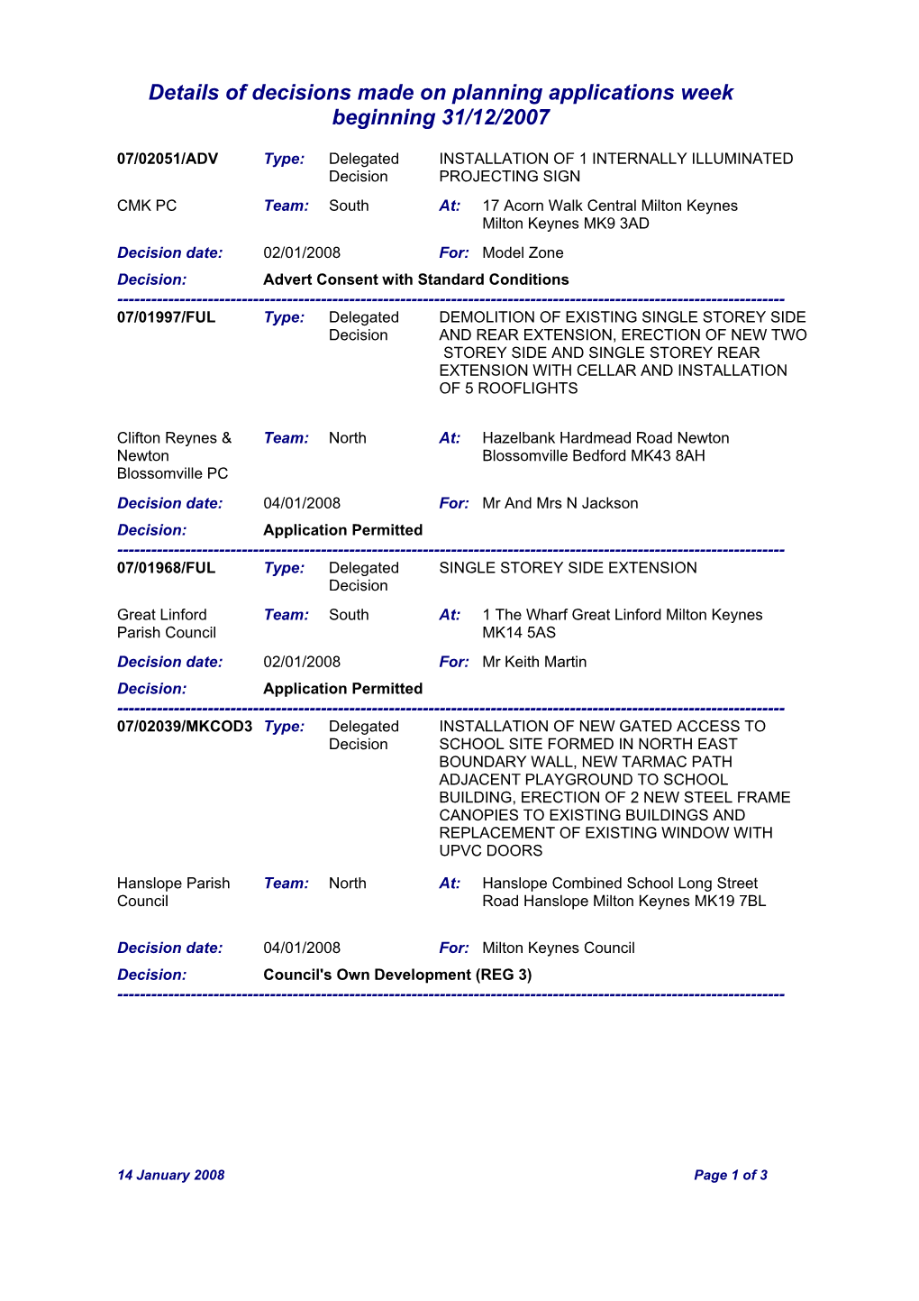 Details of Decisions Made on Planning Applications Week Beginning 31/12/2007