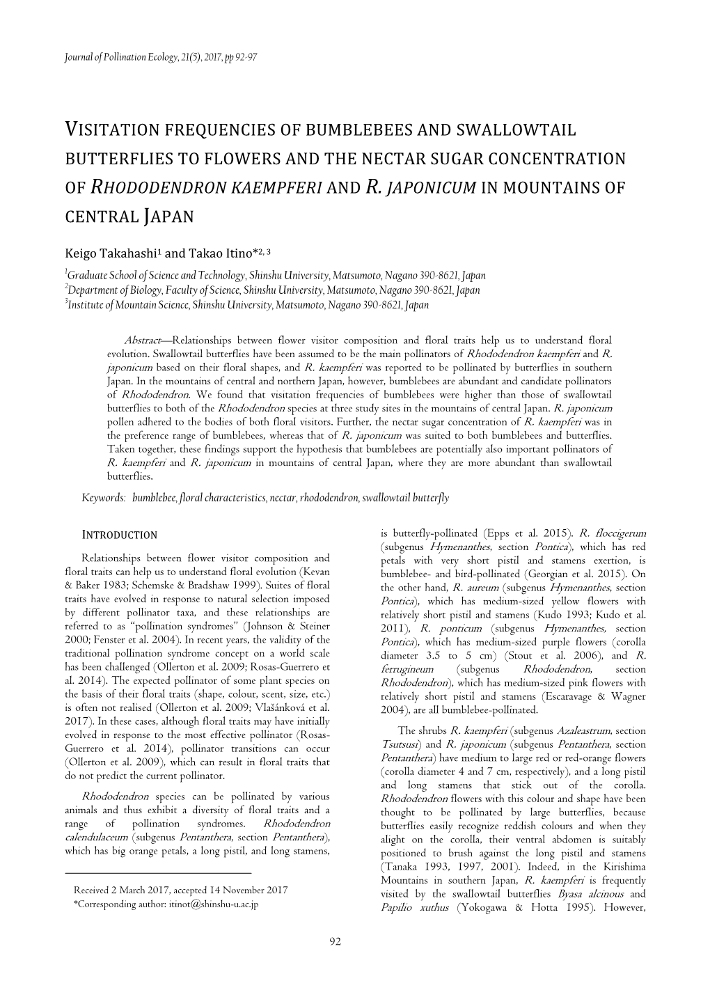 Visitation Frequencies of Bumblebees and Swallowtail Butterflies to Flowers and the Nectar Sugar Concentration of Rhododendron Kaempferi and R