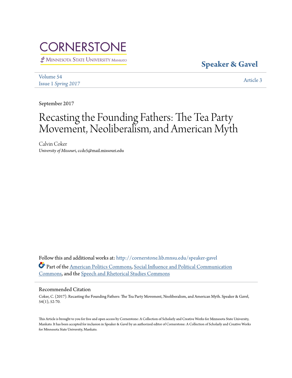 Recasting the Founding Fathers: the Tea Party Movement, Neoliberalism, and American Myth