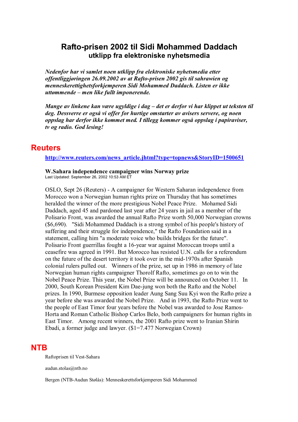 Rafto-Prisen 2002 Til Sidi Mohammed Daddach Utklipp Fra Elektroniske Nyhetsmedia