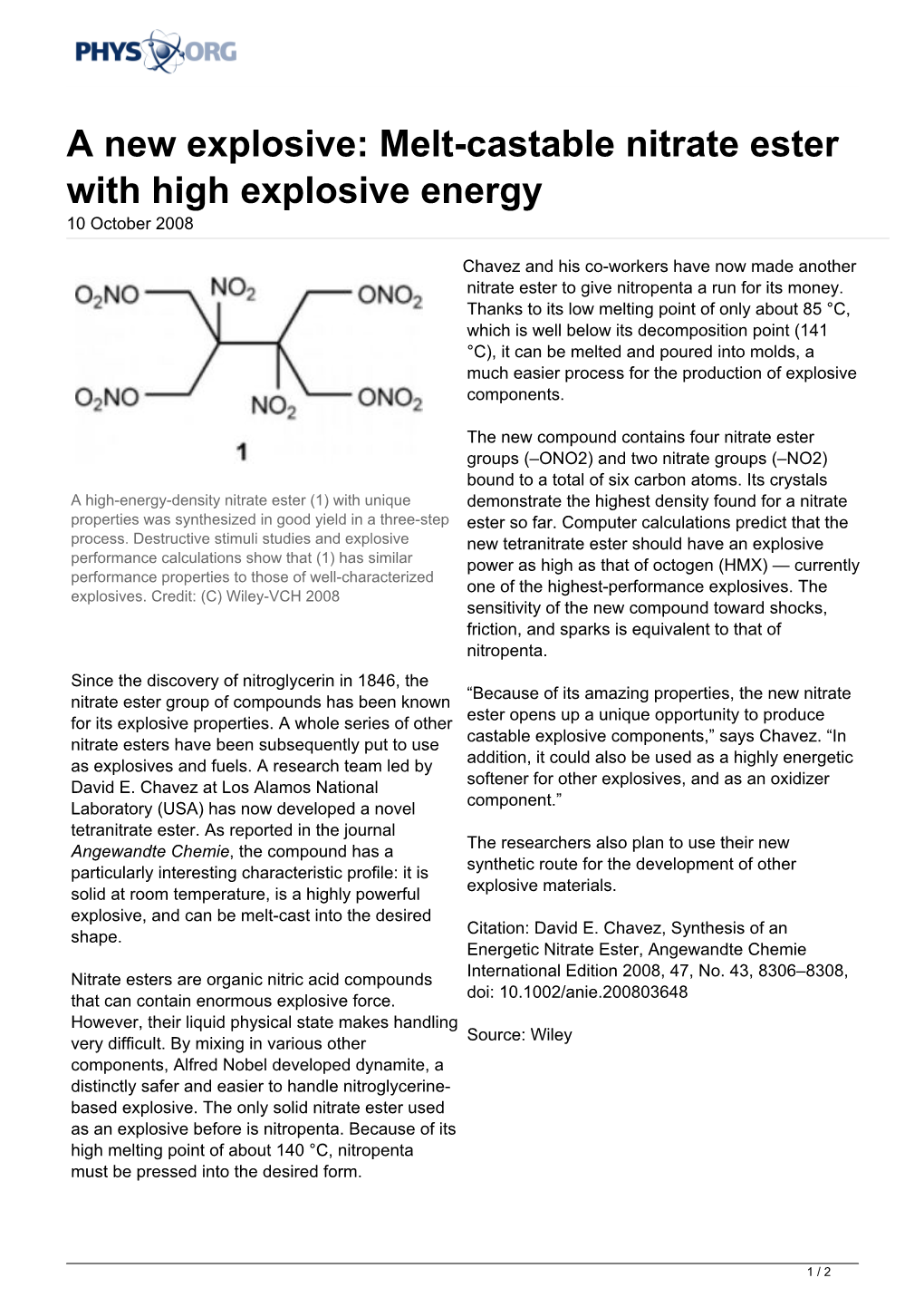 Melt-Castable Nitrate Ester with High Explosive Energy 10 October 2008