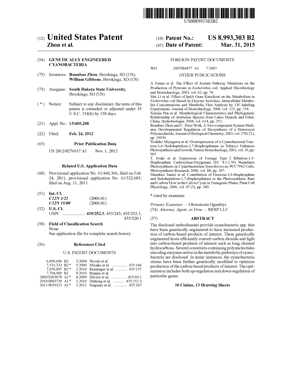 Patent (1O) Patent No.: �US 8,993,303 B2 Zhou Et Al