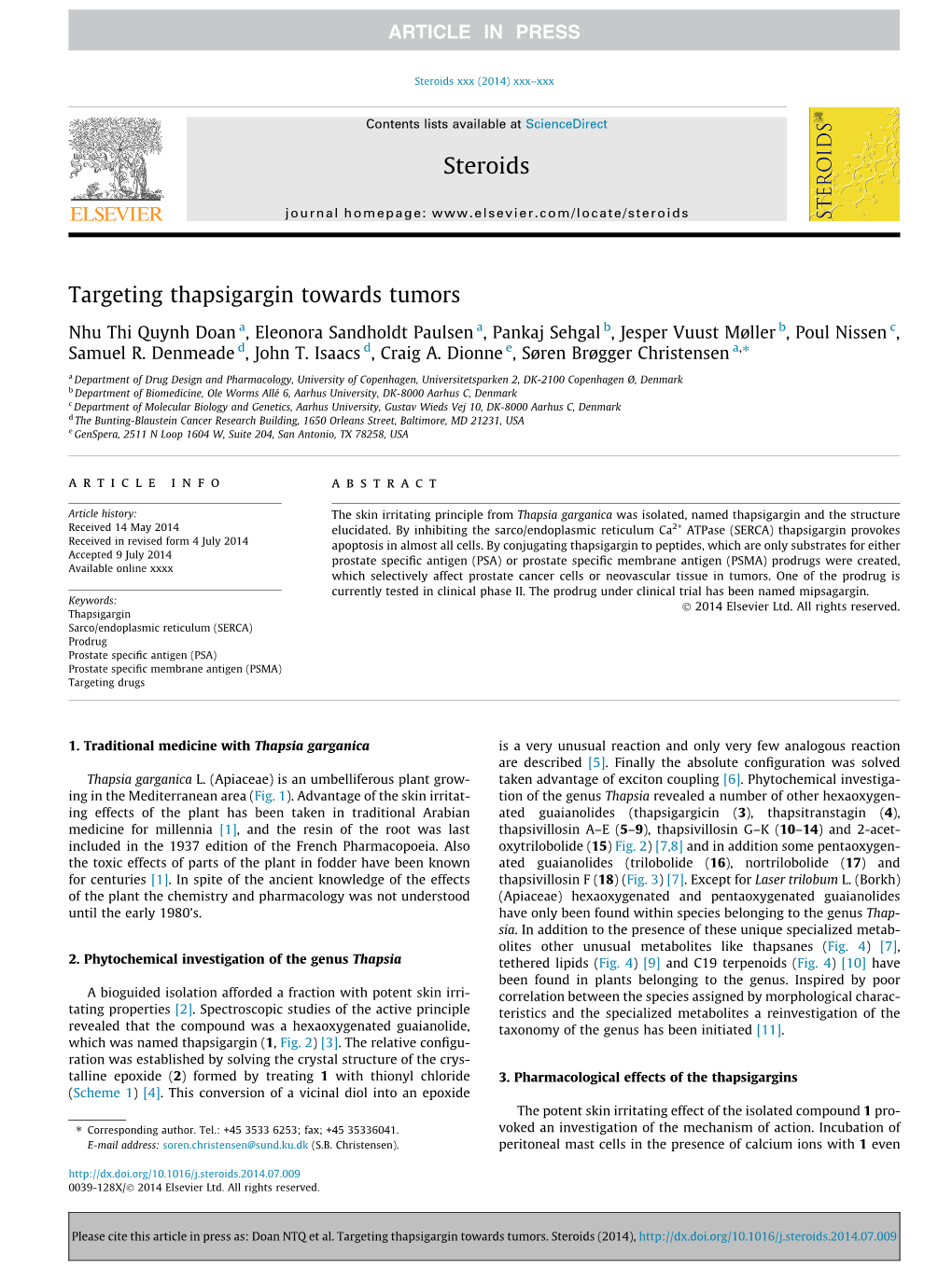 Targeting Thapsigargin Towards Tumors