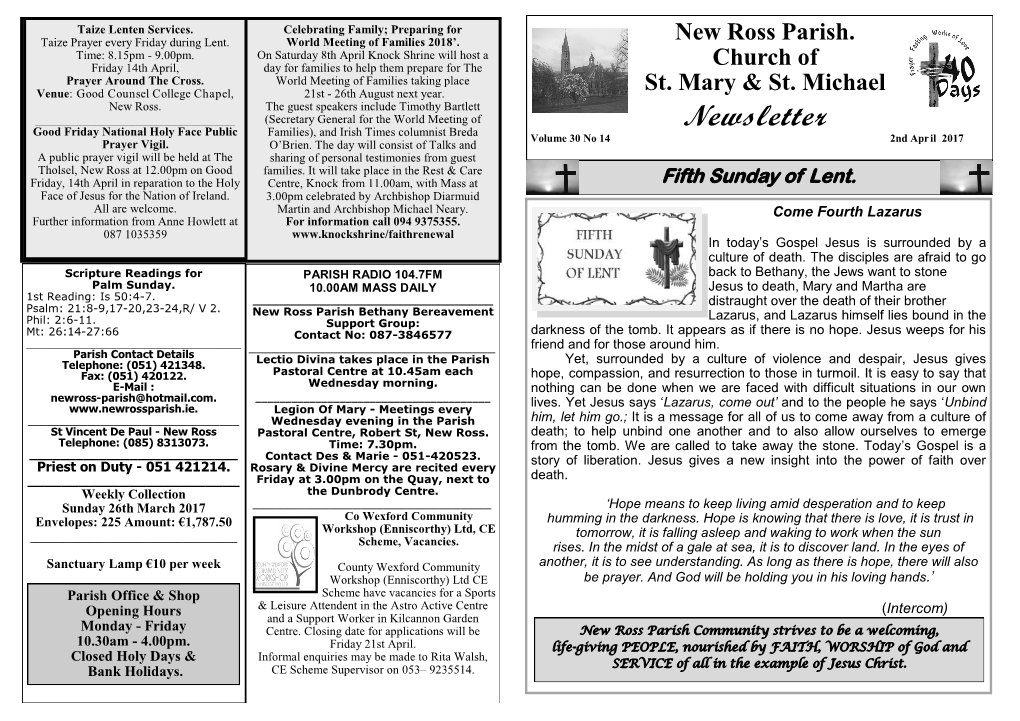 Newsletter Volume 30 No 14 2Nd April 2017 Prayer Vigil