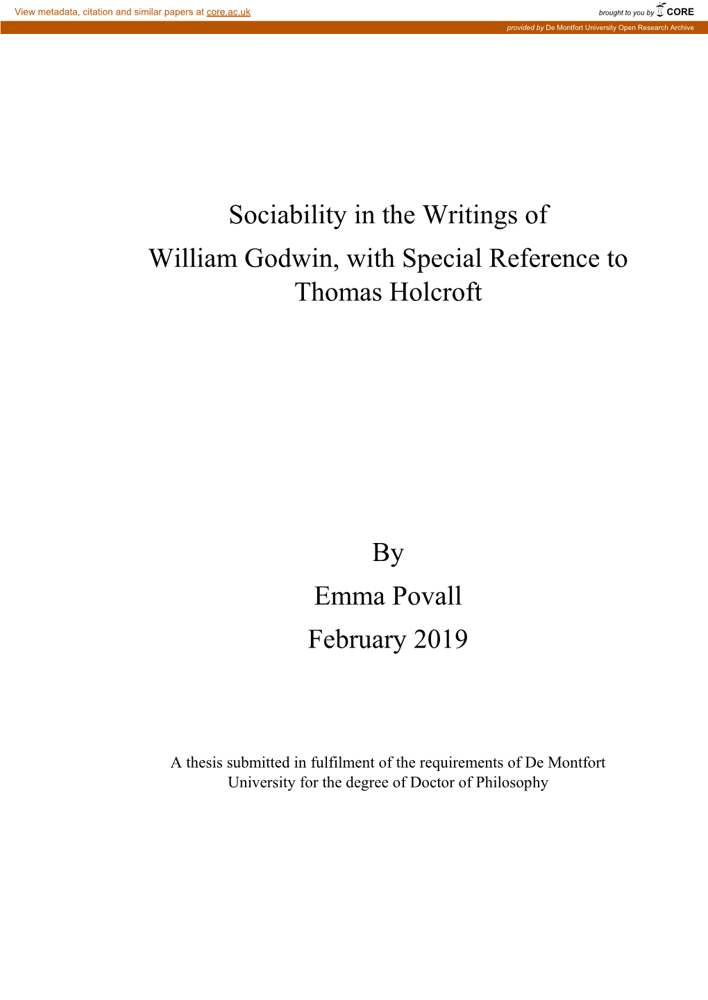 Sociability in the Writings of William Godwin, with Special Reference to Thomas Holcroft