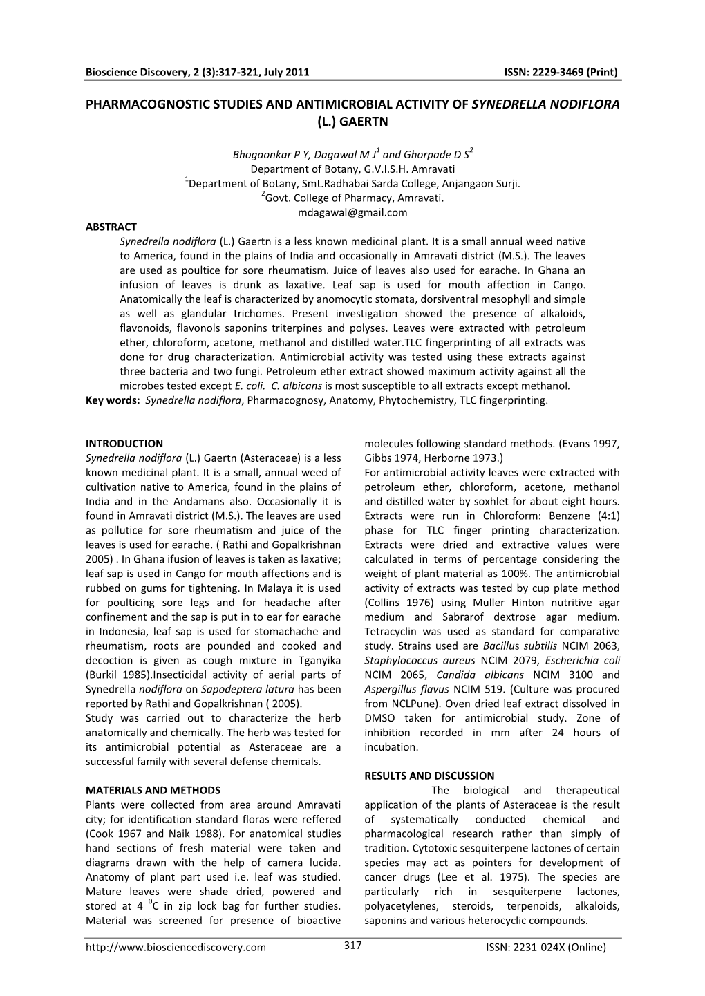 Pharmacognostic Studies and Antimicrobial Activity of Synedrella Nodiflora (L.) Gaertn