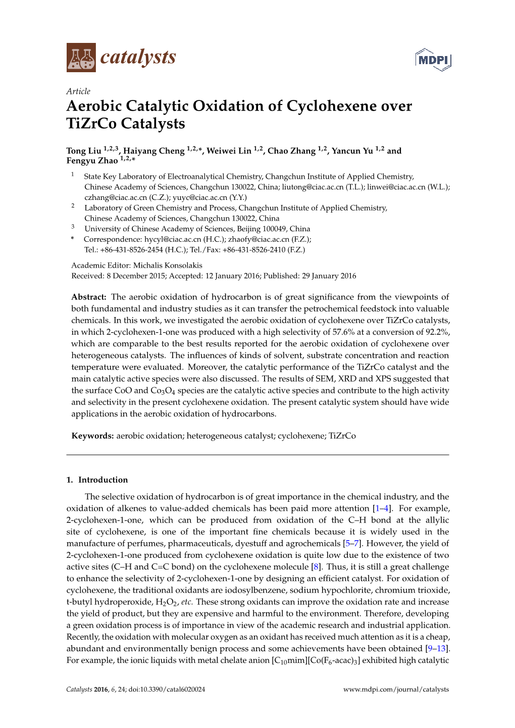 Aerobic Catalytic Oxidation of Cyclohexene Over Tizrco Catalysts