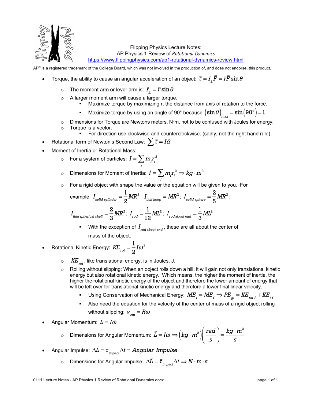 0111 Lecture Notes - AP Physics 1 Review of Rotational Dynamics.Docx Page 1 of 1