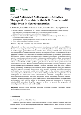 Natural Antioxidant Anthocyanins—A Hidden Therapeutic Candidate in Metabolic Disorders with Major Focus in Neurodegeneration