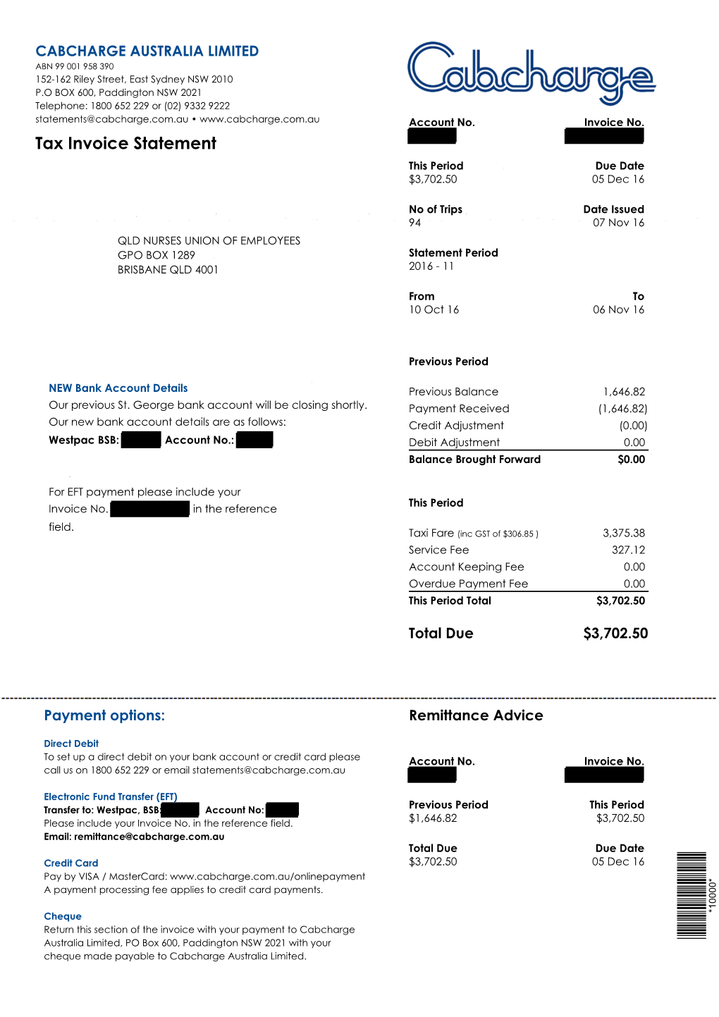 Tax Invoice Statement This Period Due Date $3,702.50 05 Dec 16