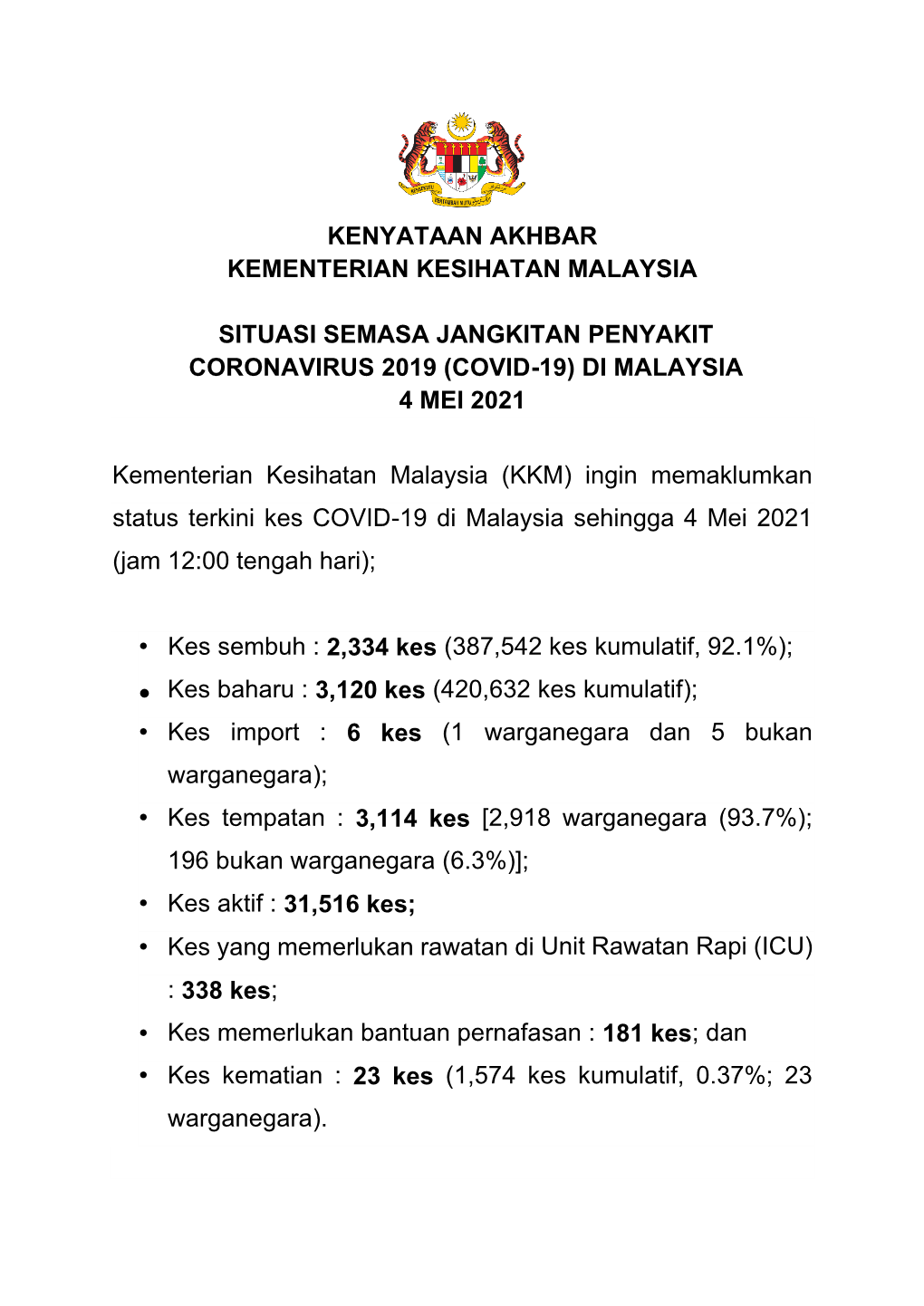 Kenyataan Akhbar Kementerian Kesihatan Malaysia