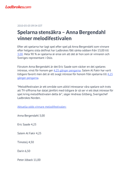 Anna Bergendahl Vinner Melodifestivalen