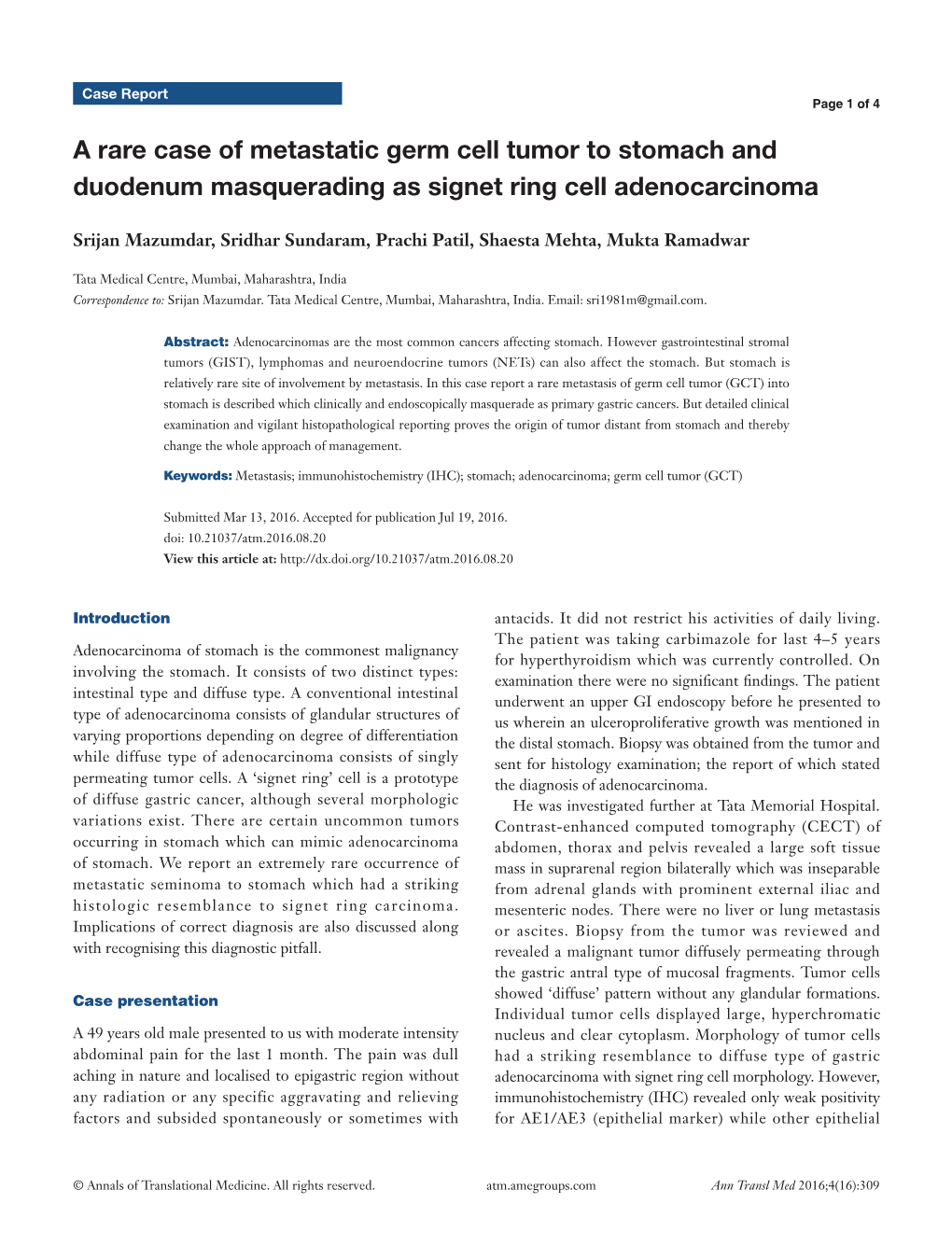 A Rare Case Of Metastatic Germ Cell Tumor To Stomach And Duodenum Masquerading As Signet Ring