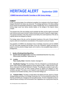 ICOMOS ISC20C Asplund Heritage Alert