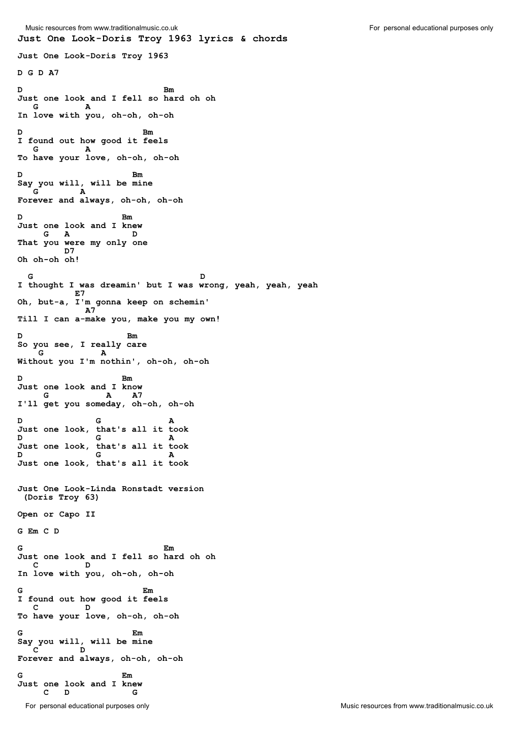 Just One Look-Doris Troy 1963 Lyrics & Chords