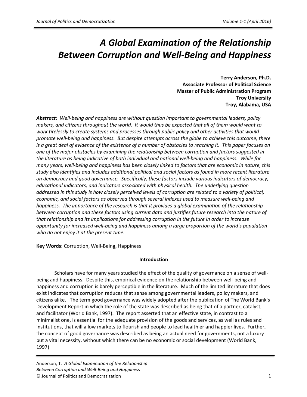 A Global Examination of the Relationship Between Corruption and Well-Being and Happiness