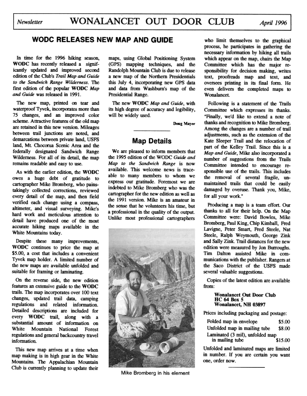Newsletter WON Alan CET out DOOR CLUB April 1996