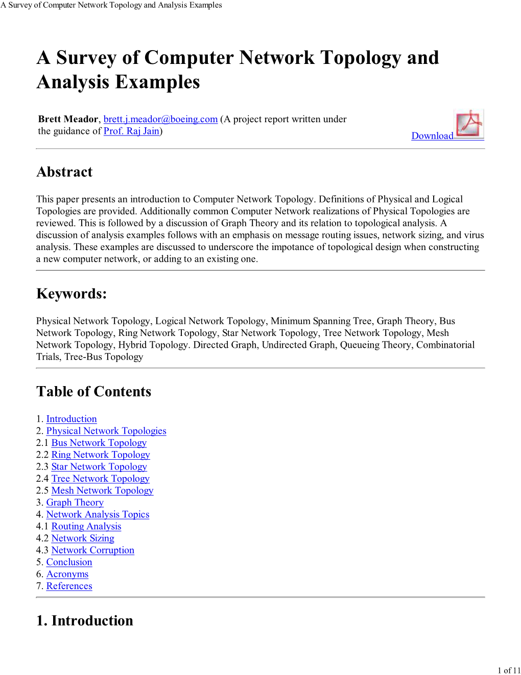 A Survey of Computer Network Topology and Analysis Examples