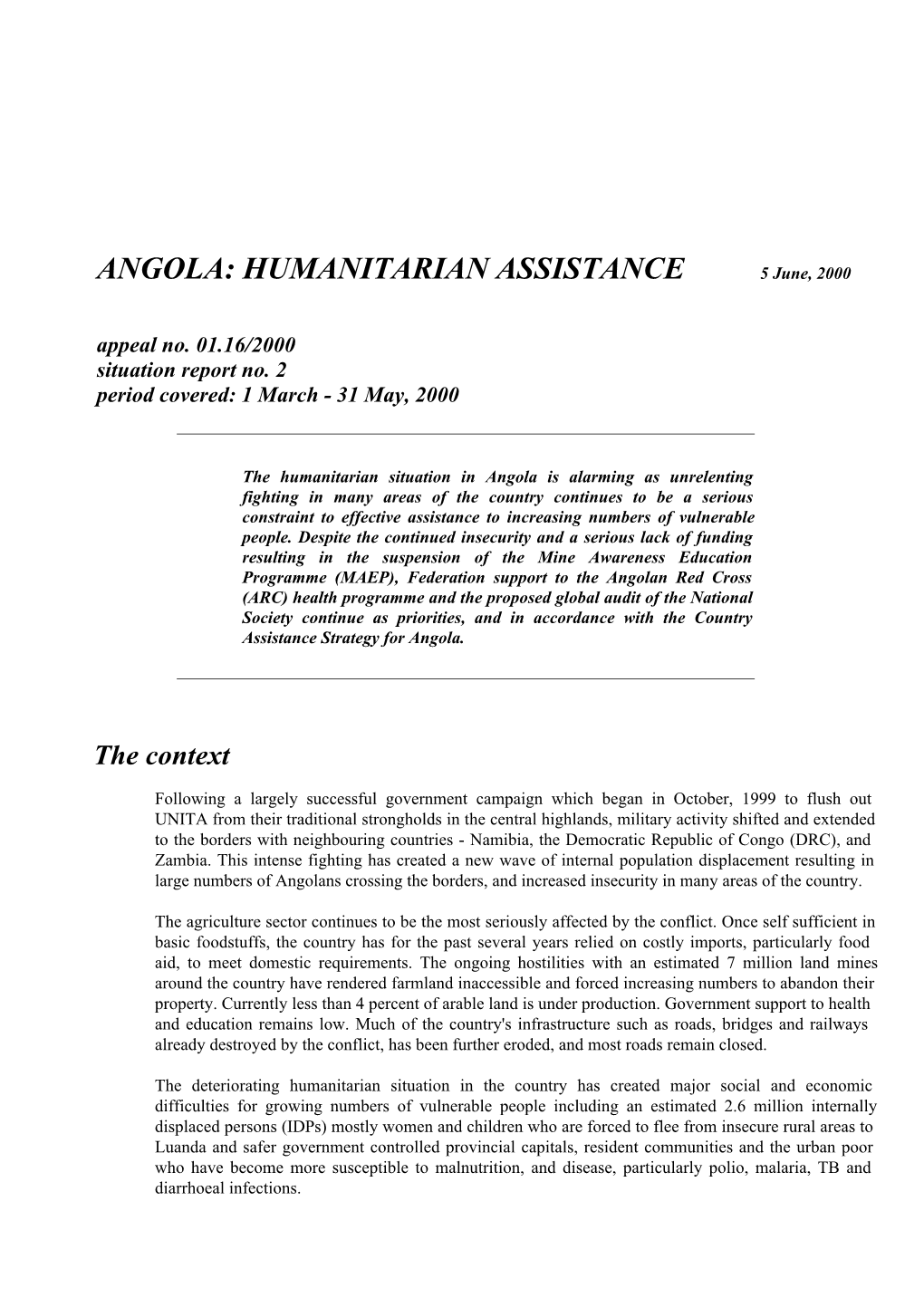 ANGOLA: HUMANITARIAN ASSISTANCE the Context