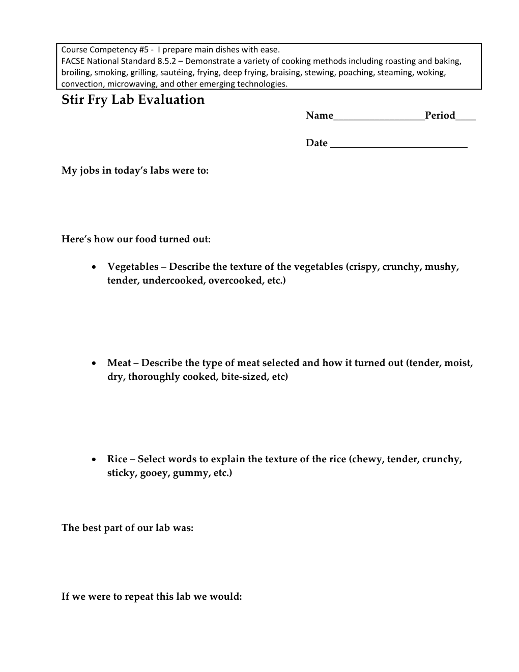 Stir Fry Lab Evaluation