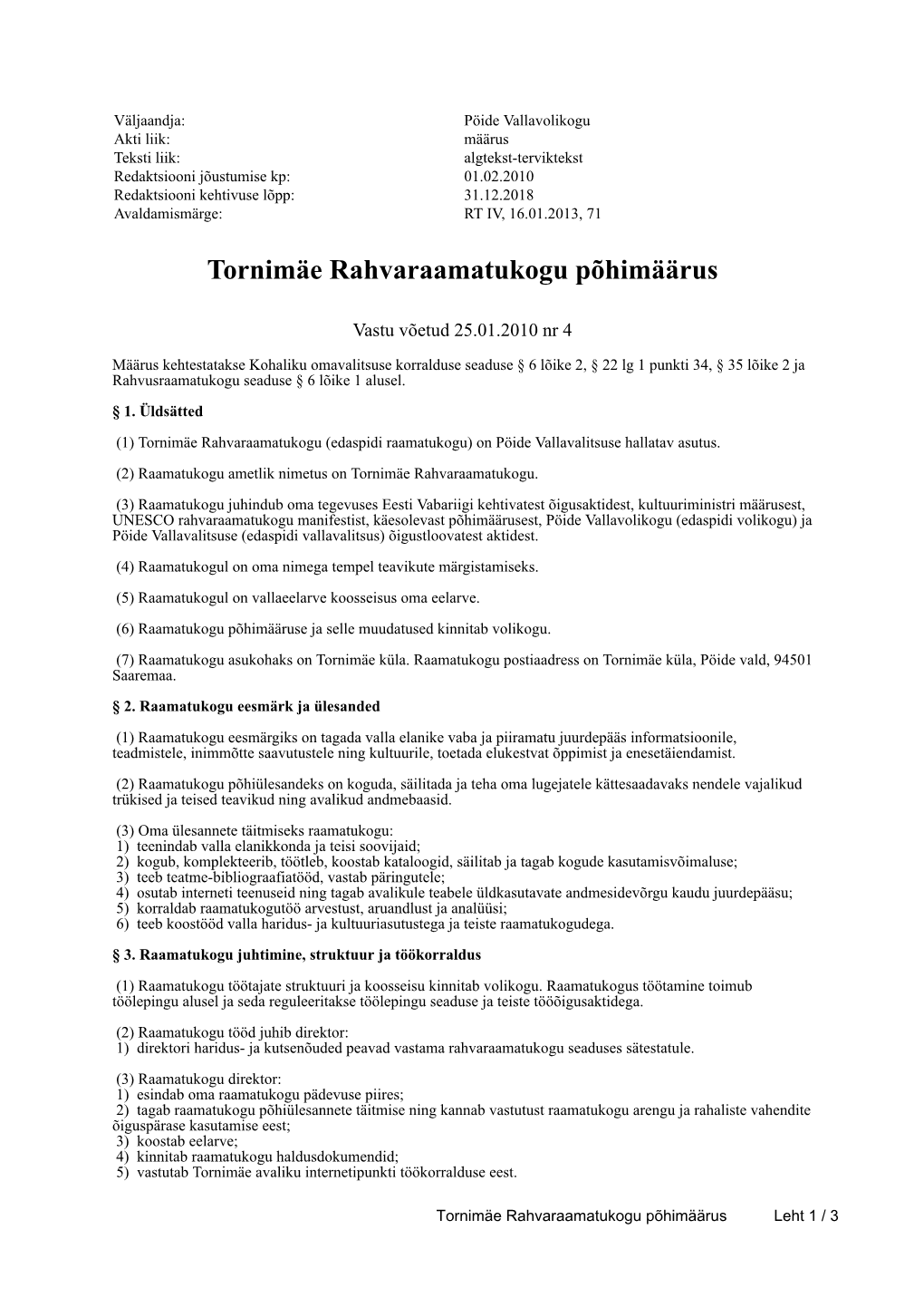 Tornimäe Rahvaraamatukogu Põhimäärus