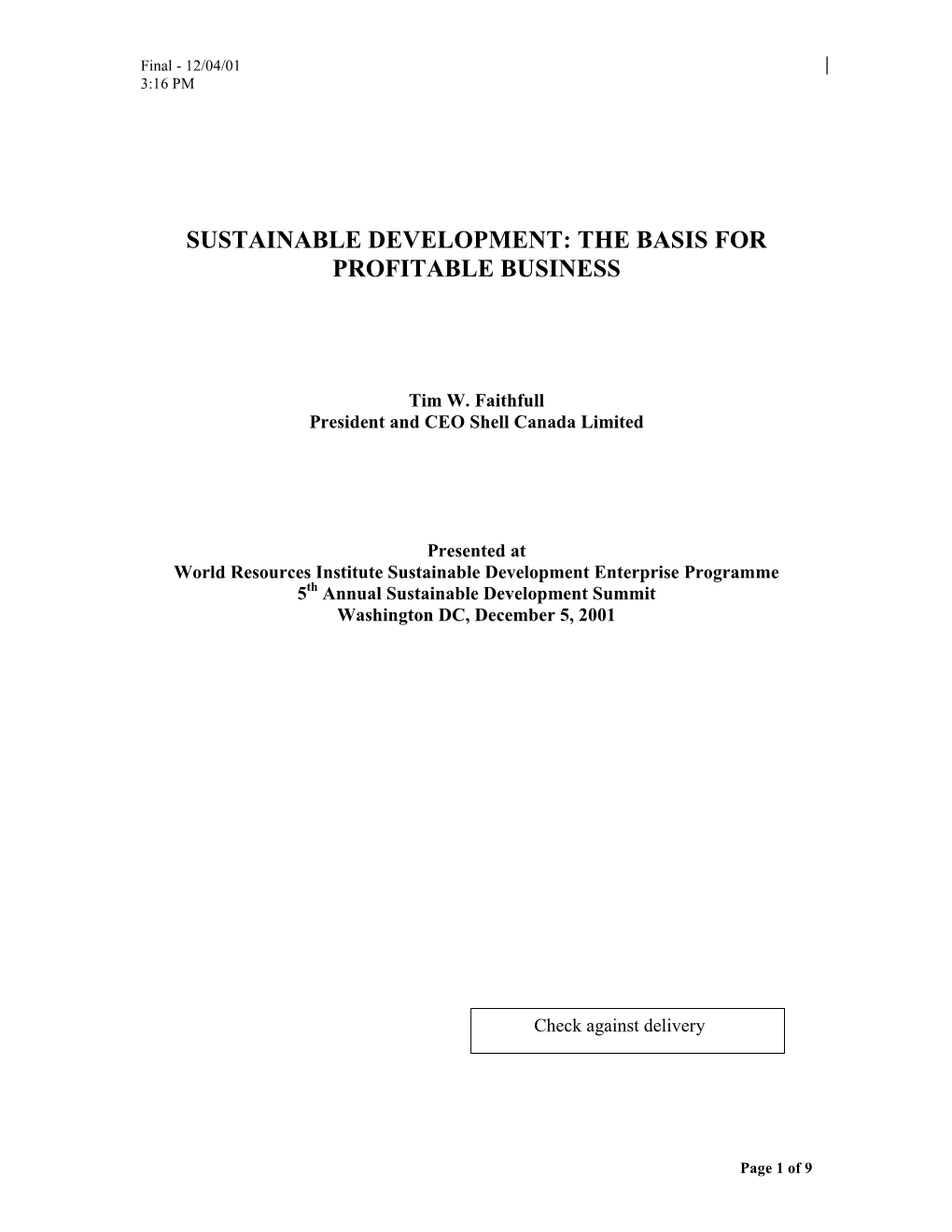 Sustainable Development: the Basis for Profitable Business