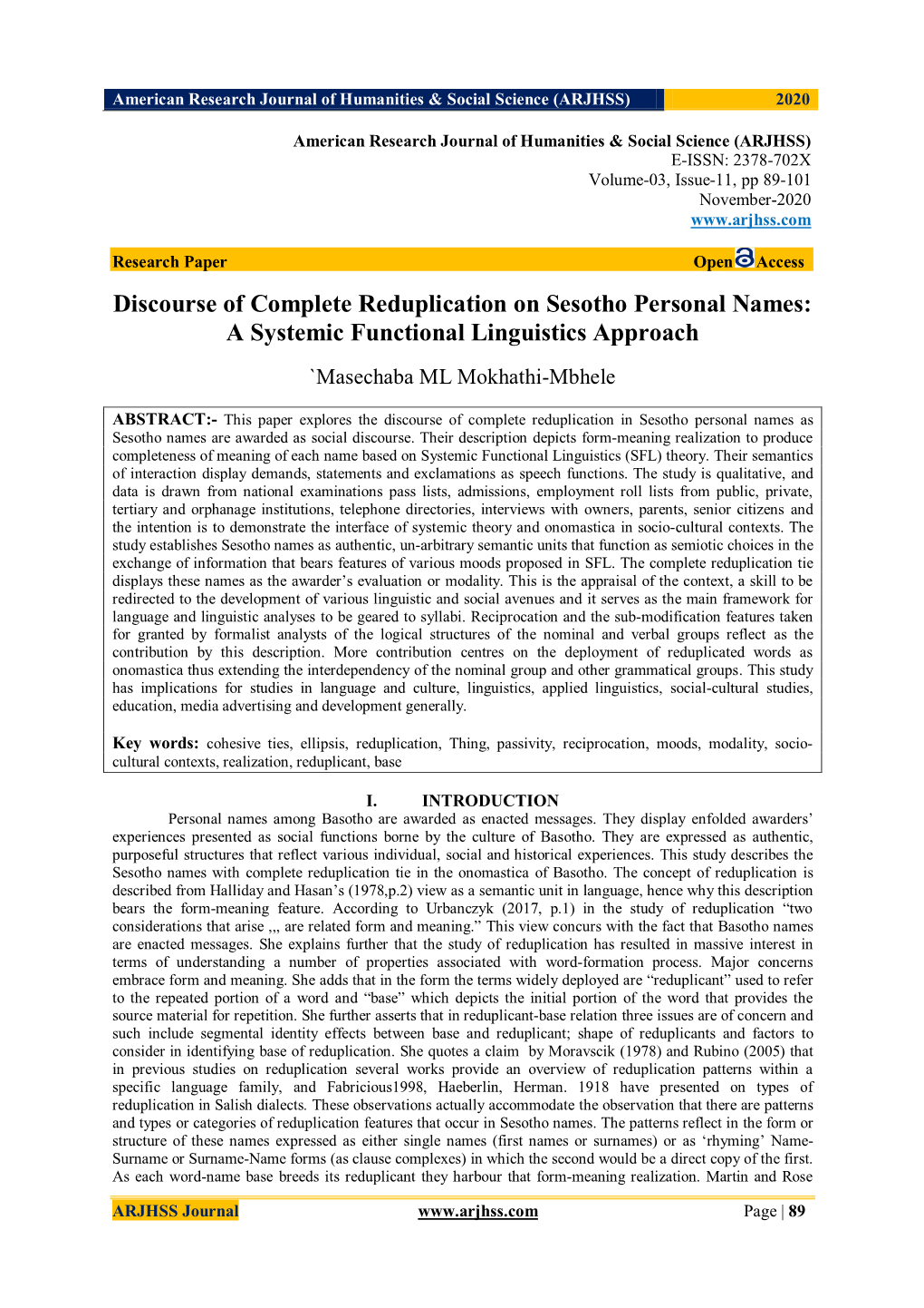 Discourse of Complete Reduplication on Sesotho Personal Names: a Systemic Functional Linguistics Approach