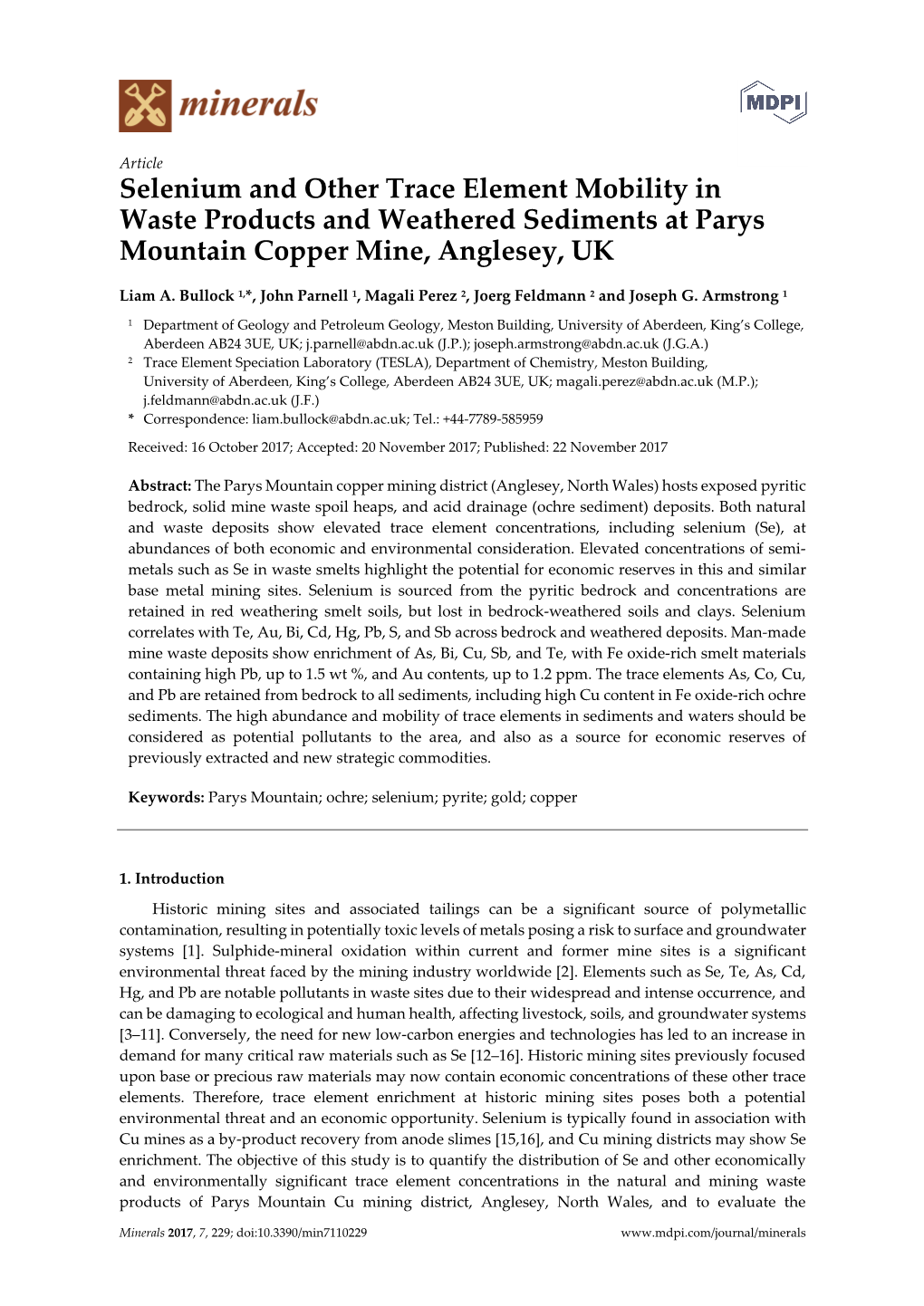 Selenium and Other Trace Element Mobility in Waste Products and Weathered Sediments at Parys Mountain Copper Mine, Anglesey, UK