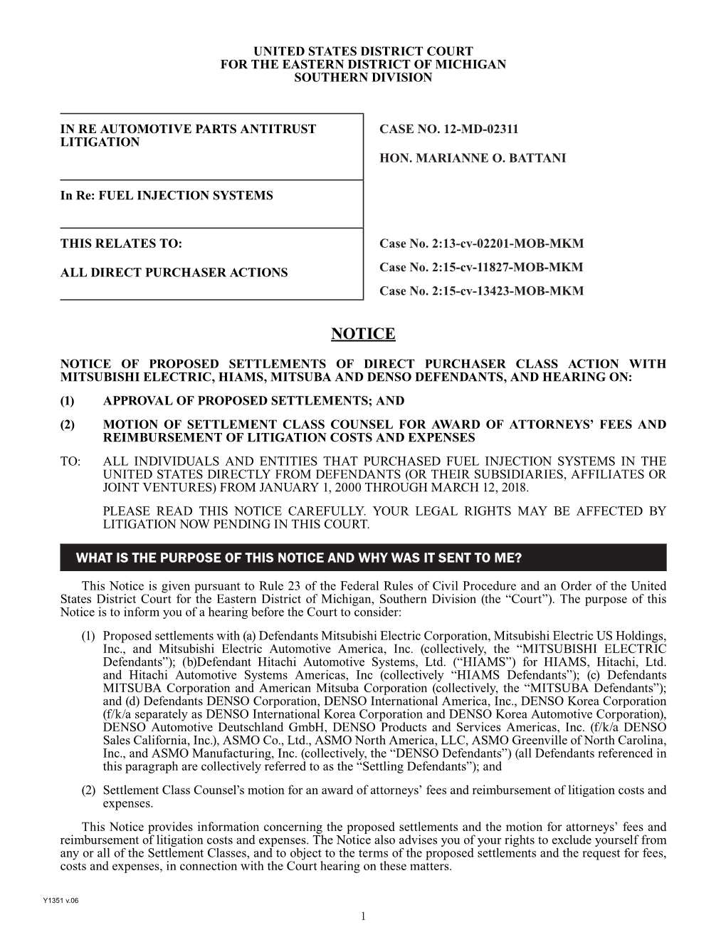 Notice of Proposed Settlements with Mitsubishi Electric, HIAMS, DENSO