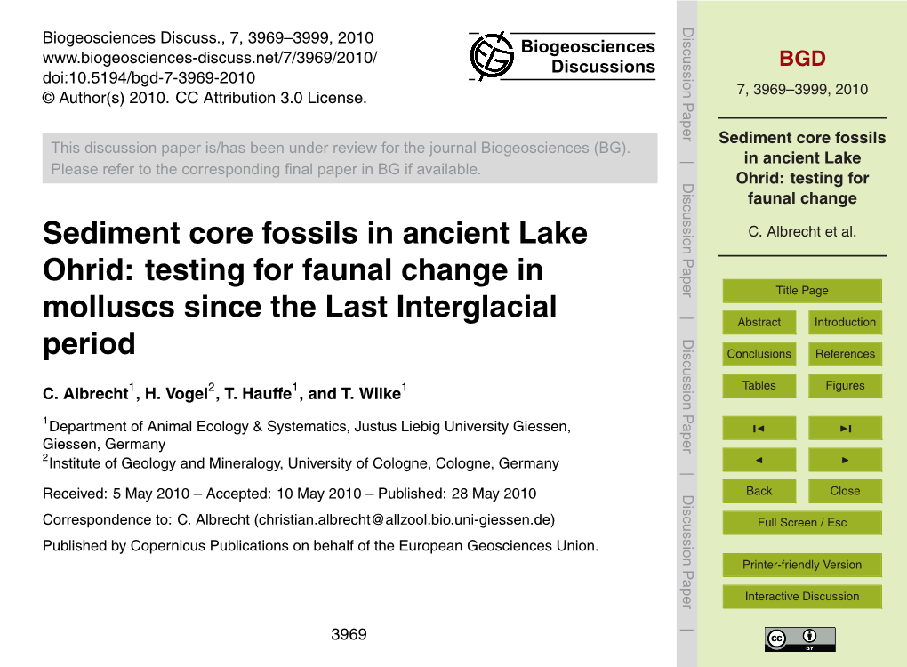 Sediment Core Fossils in Ancient Lake Ohrid: Testing for Faunal Change