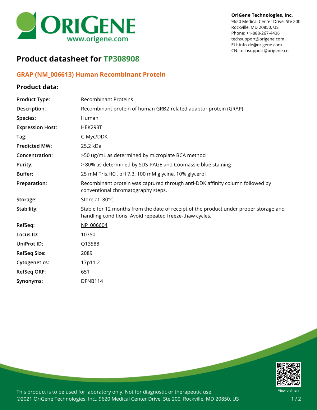 GRAP (NM 006613) Human Recombinant Protein Product Data