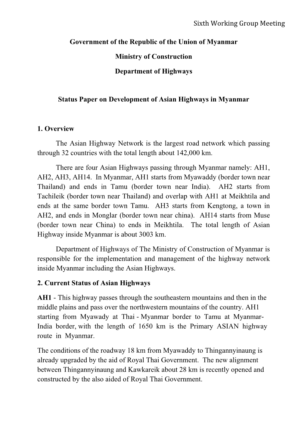 Status Paper on Development of Asian Highways in Myanmar