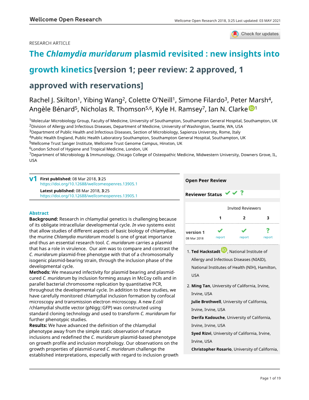 The Chlamydia Muridarum Plasmid Revisited : New Insights Into Growth Kinetics [Version 1; Peer Review: 2 Approved, 1 Approved with Reservations]