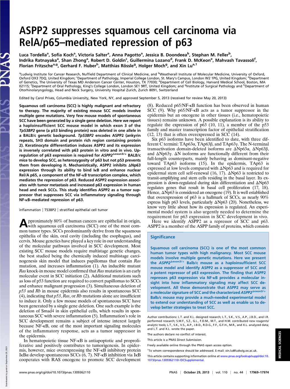 ASPP2 Suppresses Squamous Cell Carcinoma Via Rela/P65–Mediated Repression of P63