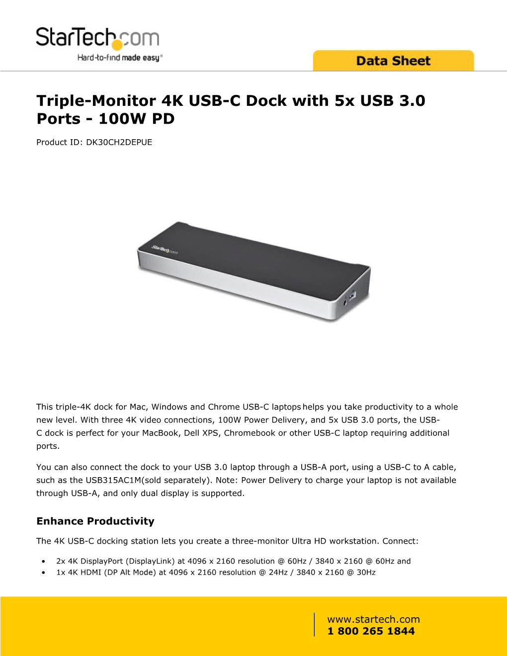 Triple-Monitor 4K USB-C Dock with 5X USB 3.0 Ports - 100W PD