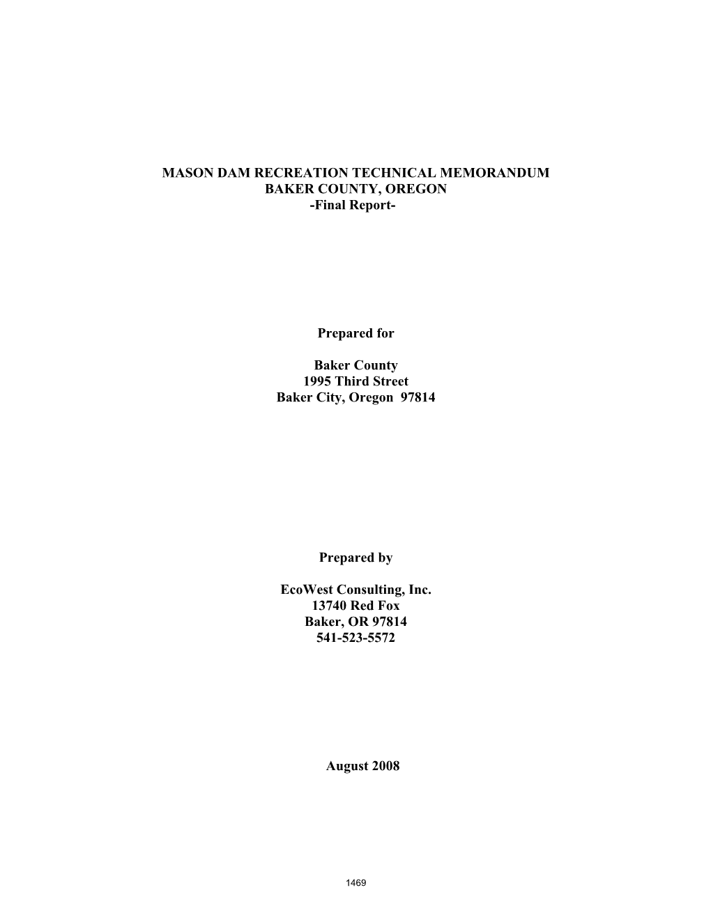 MASON DAM RECREATION TECHNICAL MEMORANDUM BAKER COUNTY, OREGON -Final Report