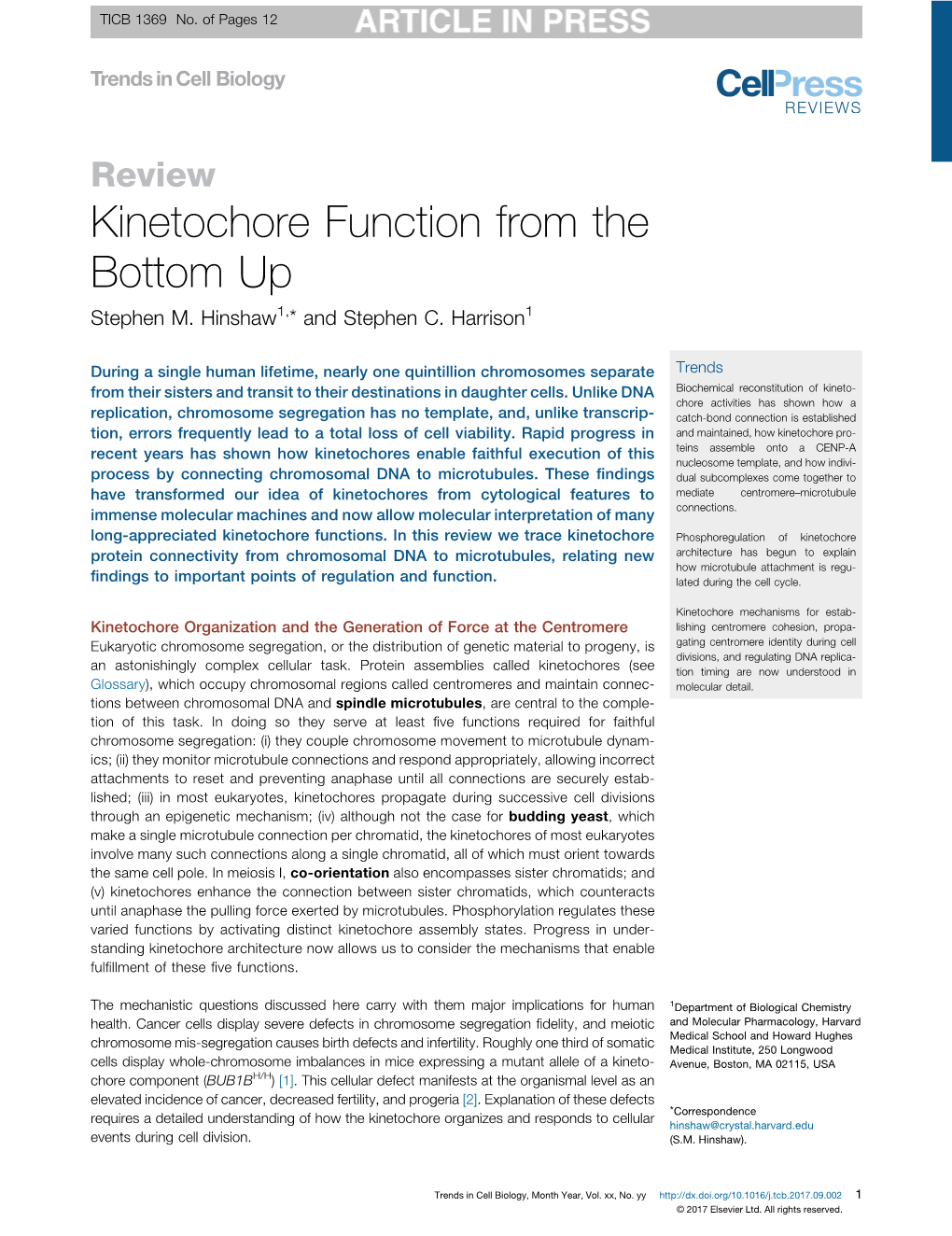 Review Kinetochore Function from the Bottom Up