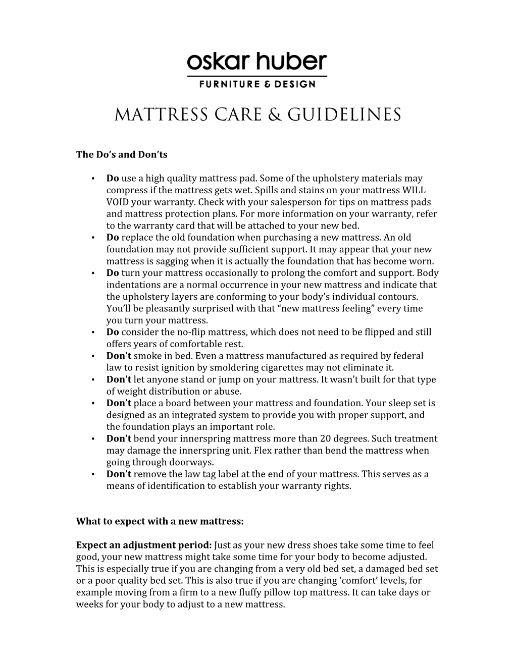 Mattress Care & Guidelines