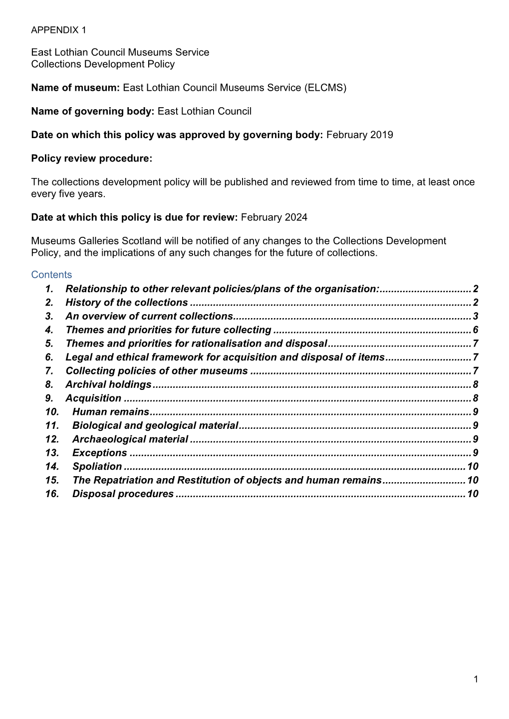 Museum Collections Development Policy