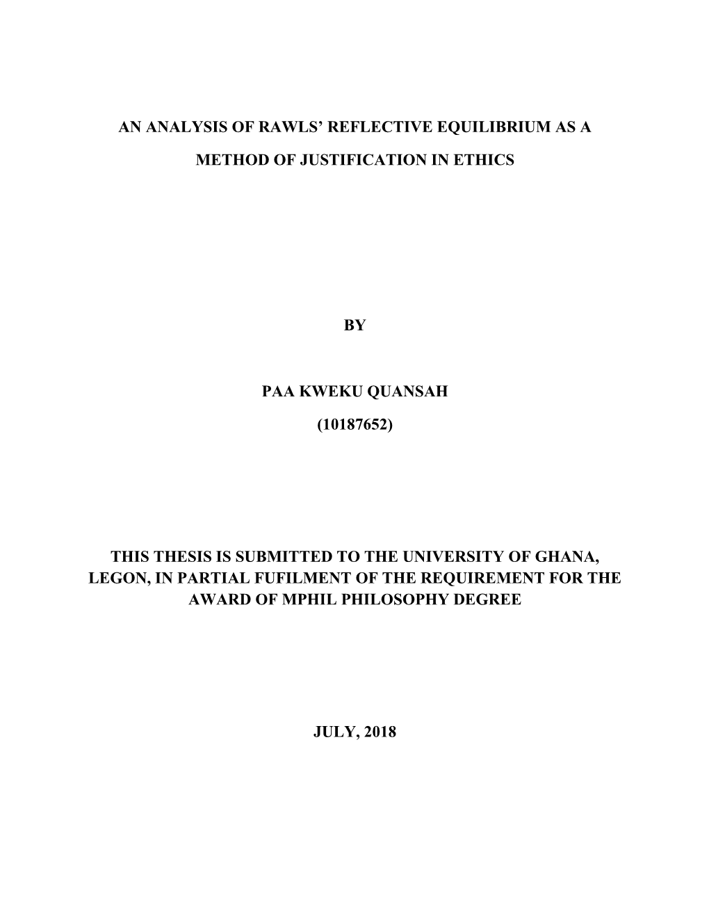 An Analysis of Rawls' Reflective Equilibrium As a Method