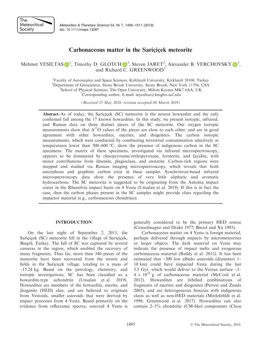 Carbonaceous Matter in the Saricßicßek Meteorite