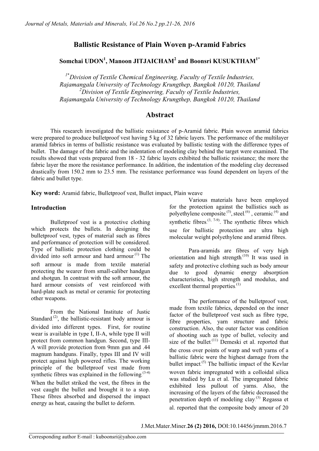 Ballistic Resistance of Plain Woven P-Aramid Fabrics Abstract